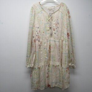 NWT Penelope Rose Cream Pink Floral Tiered Tassel Tie Boho Dress Plus sz 1X